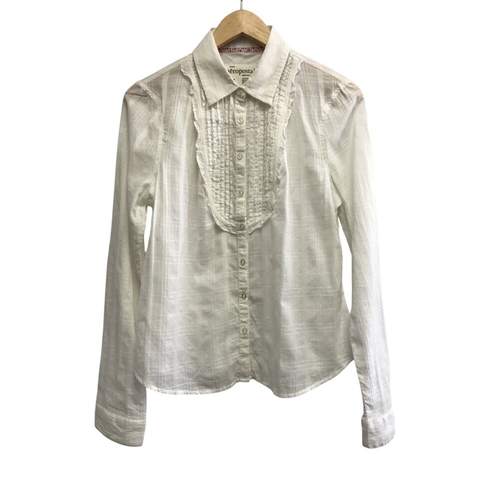 Aeropostale Top Womens Large White Pleated Ruffle Front Light Weight Sheer